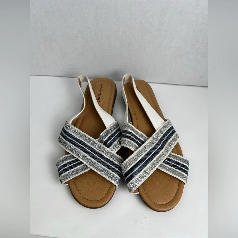 Comfortview Emma Sling BackCross Strap Blue Metallic Gold Womens Sandals Size:9w